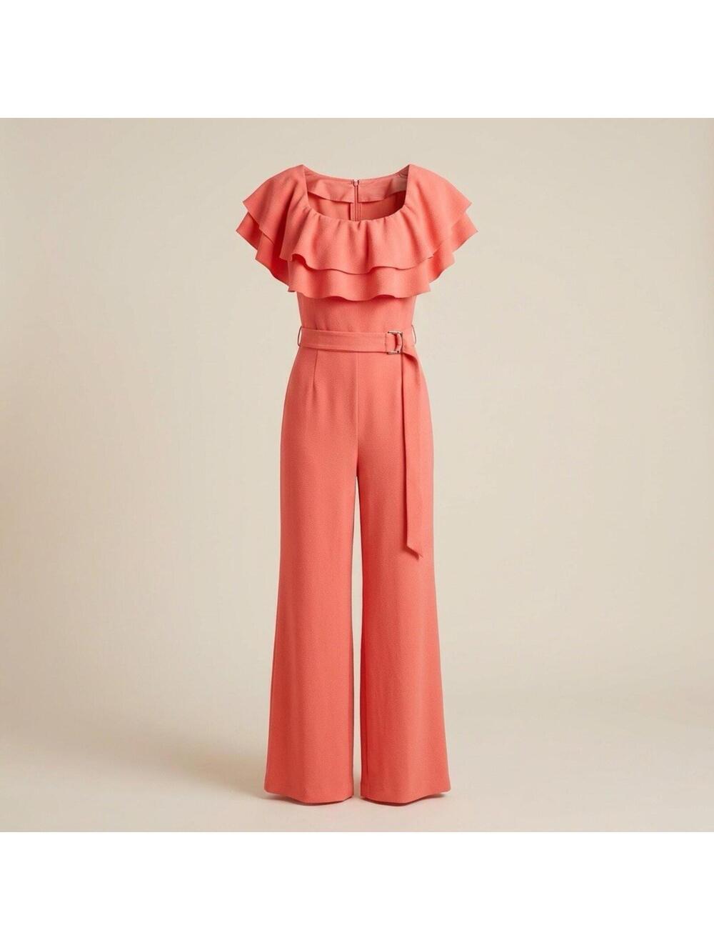 Almost Famous Women's Coral/Orange Ruffle Belted Jumpsuit L Wide Leg Flutter Slv